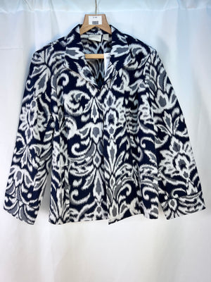 Chicos Sher Ikat Jacquard Jacket Navy Blue White Open Front Blazer Womens Size 3