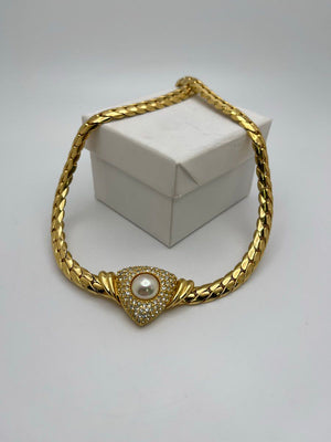 Christian Dior Pearl Necklace Pave Rhinestone Choker Vintage 17.5 in.