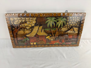 VTG Thai Hand Carved Wood Relief Panel Wall Art Village Buffalo Sculpture NOS