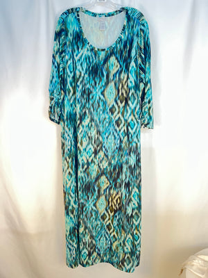Catherines Maxi Dress Womens 3X 26/28W Blue Ikat Abstract Stretch NWT