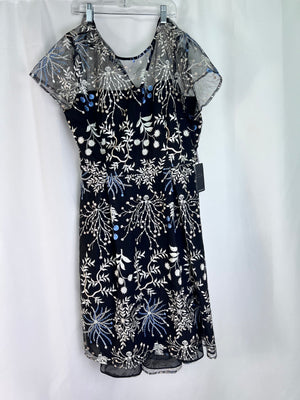 NWT Adrianna Papell Ethereal Fit Flare Dress 16 Black Blue Floral Embroidered