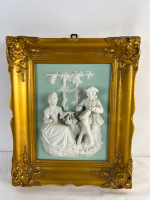 Vintage Alt Meissen Art Rococo Pastoral Scene Porcelain Relief Plaque Framed