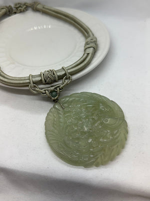 Vintage Hand Carved Chinese Aqua Pendant Fabric Necklace 68.2g 2.75" 21.5 in.