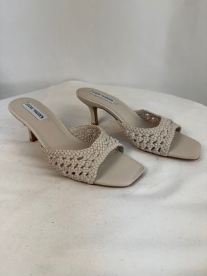 Steve Madden Vivi Ivory Woven Braided Kitten Heel Mule Sandals Square Toe 8.5 M