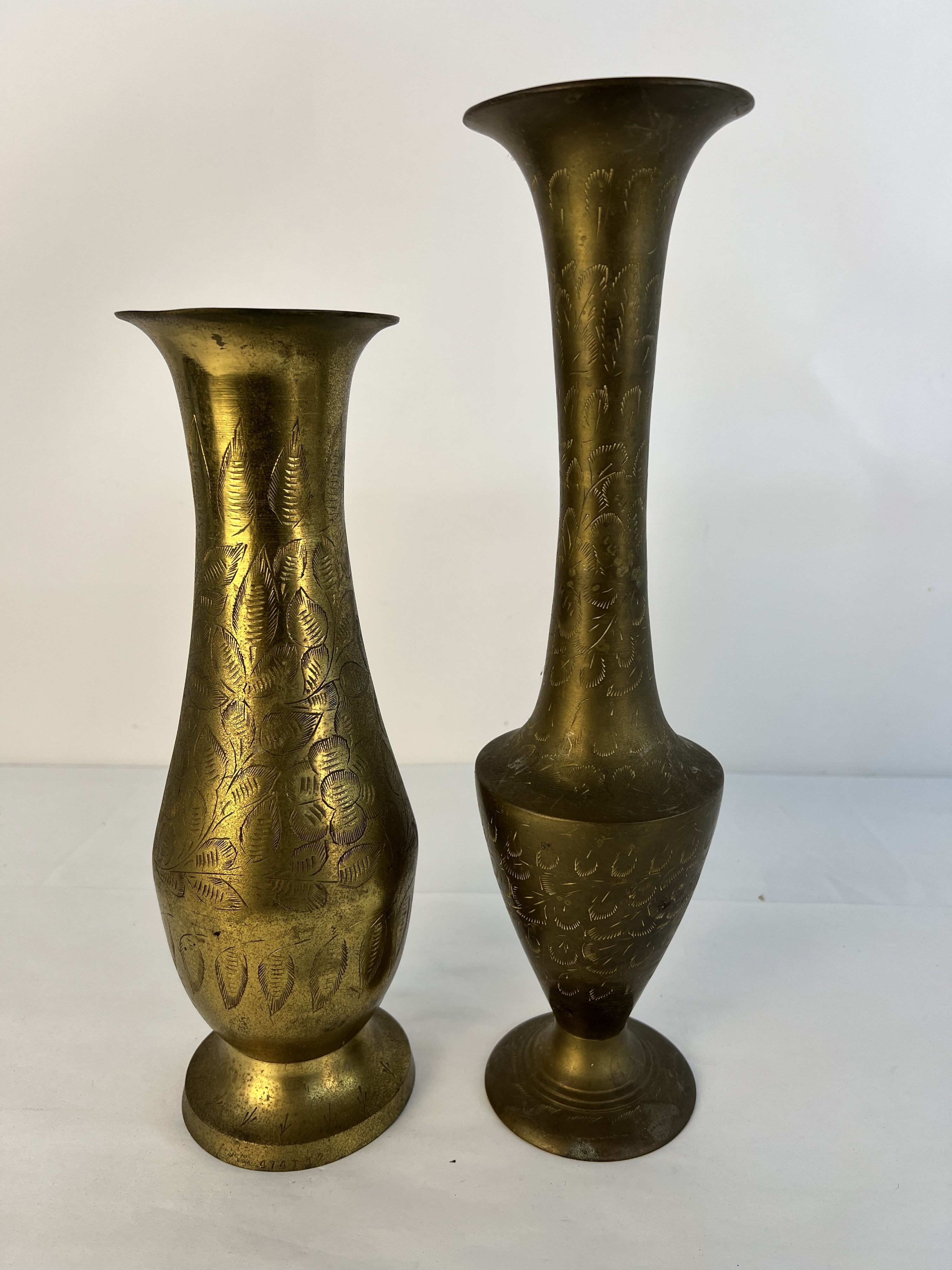 Pair of Vintage Etched Brass Vases India 14" & 11.75"