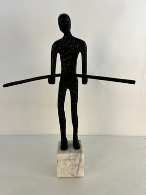 Pottery Barn Brutalist Sculpture Black Iron Figure Man Marble Base 17" Tall