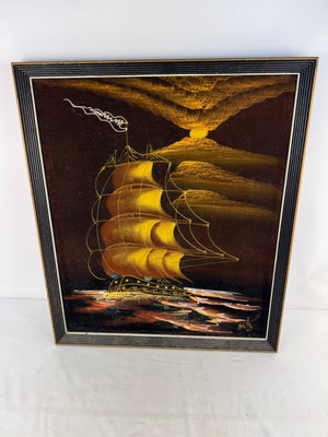 Vintage 1970s Black Velvet Painting Mexican Galleon Tall Ship Framed Signed MTZ
