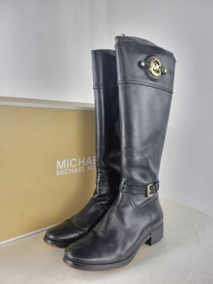 Michael Kors Black Leather Riding Knee Boots Stockard Equestrian Women's 5M Gold