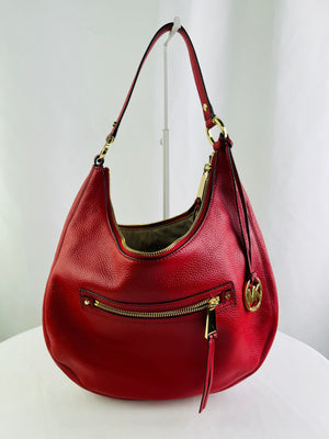 Michael Kors Rhea Red Pebbled Leather Hobo Crescent Shoulder Bag Gold Accent