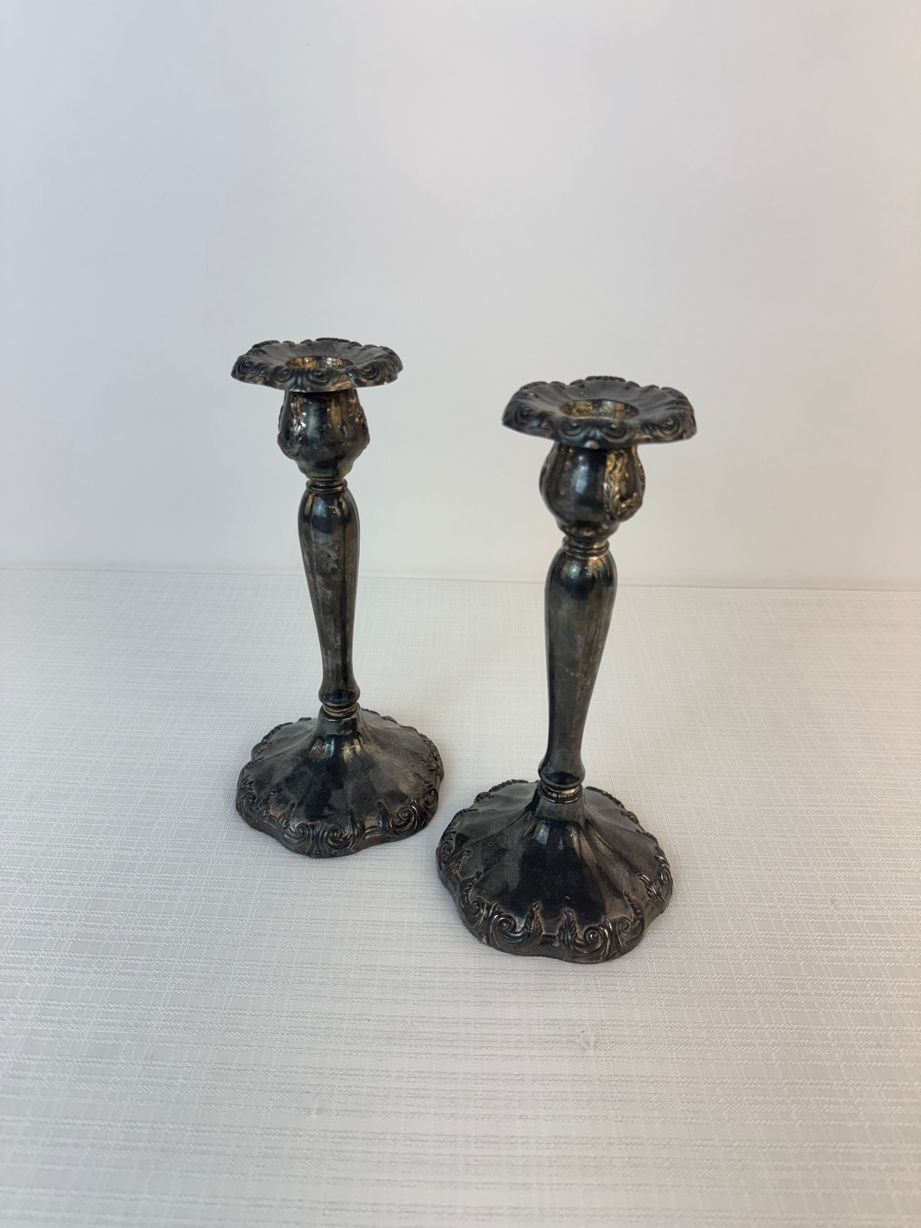 Vintage Silver-Tone Pair Of Candlesticks Heavy 10"