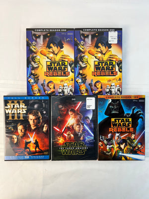 Lot of 5 Star Wars DVDs: III Revenge of the Sith, The Force Awakens, Rebels