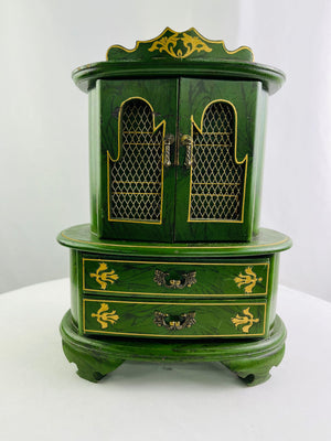French Provincial Hand Painted Green Wooden Musical Jewelry Box