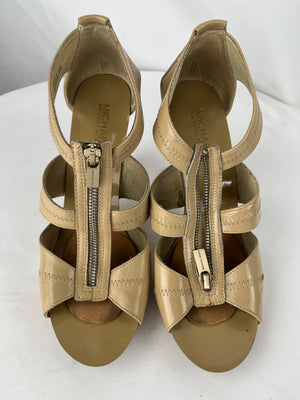 Michael Kors Berkley Tan T-Strap Leather Heels Women's 9.5M