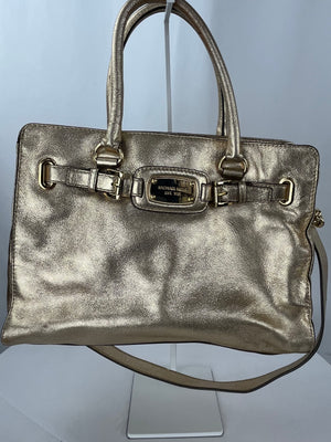 Michael Kors MK Satchel Tote Bag Pale Gold Hamilton Leather East West Large