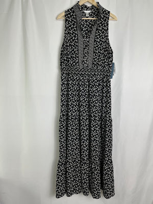 London Times Black/Ivory Floral Ruffle Neck Sleeveless Maxi Dress Women's 16 NWT
