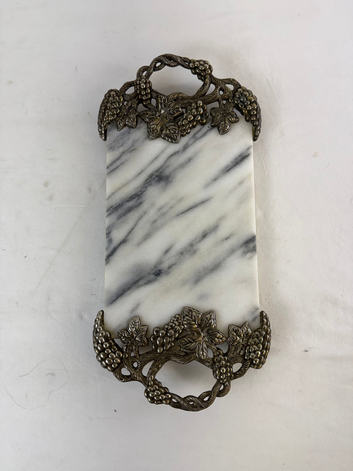 Vintage Godinger Silver Art Co. White Marble Charcuterie Board Grape Handles