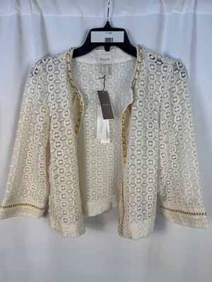 NWT Chico's Ecru White Lace Artisan Jacket Gold Chain Trim Open Front Sz 0 Small