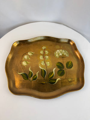 Hand-Painted Gold Leaf White Floral Tray Alcohol Resistant Florentine 16"