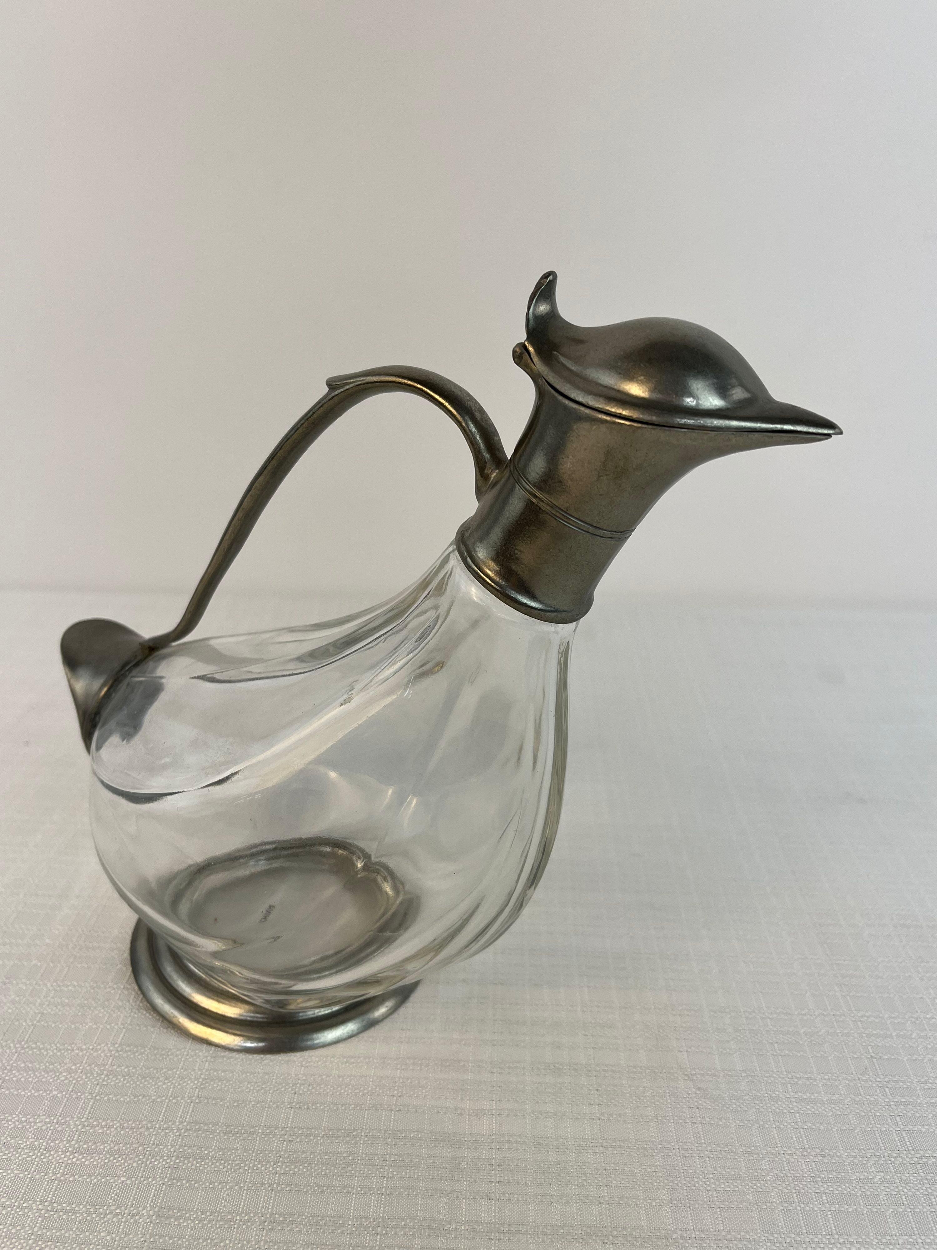 Vintage MCM Glass & Pewter Duck Decanter Wine Pitcher Barware Liquor Dispenser