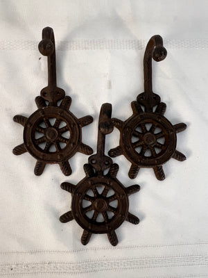 Cast Iron Ship Wheel Wall Hook Rustic Nautical Robe Hanger Set of 3