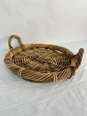 Vintage Japanese Rattan Ikebana Flower Basket 2 Handle Round Tray