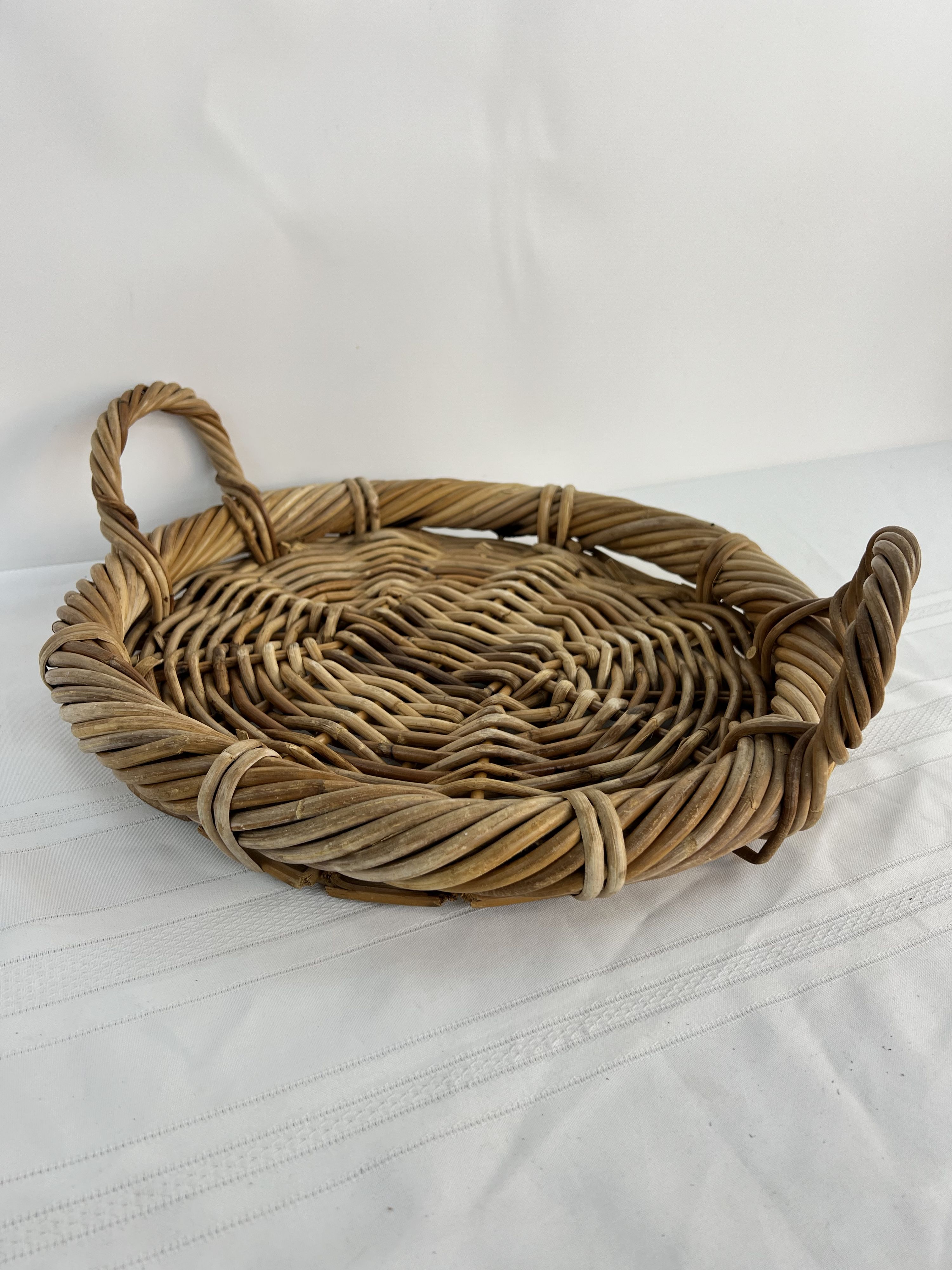 Vintage Japanese Rattan Ikebana Flower Basket 2 Handle Round Tray