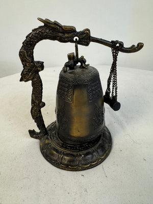 Vintage Bronze Korean Gong Bell On Dragon Stand w/ Hammer On Chain 6"