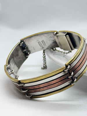 Taxco 925 Sterling Silver Bracelet 54.1g Mexico Multi Metal Brass Copper Vintage