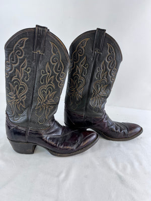 Vtg Justin Black Cherry Leather Cowboy Boots - Men's 8-8.5 D / Women's 9.5-10
