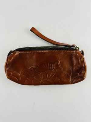 Patricia Nash Tooled Brown Leather Zip Pouch Floral Embossed