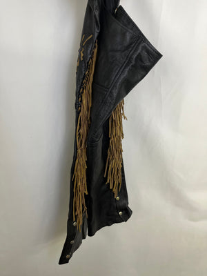 Leather Club Black Leather Motorcycle Chaps w/ Brown Fringe Western Women XS