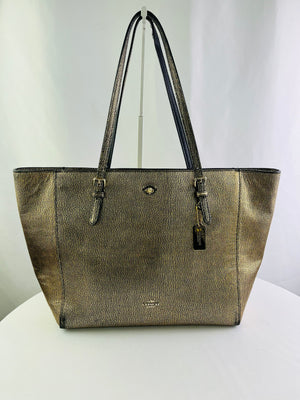 Coach 36458 Metallic Gold Pebbled Leather Turnlock Tote Shoulder Bag Like New