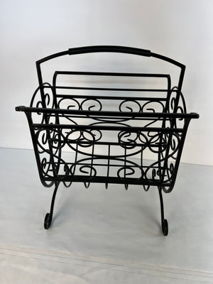 Mid Century Modern Wrought Iron Magazine Rack: Scrolled Ironwork Decor