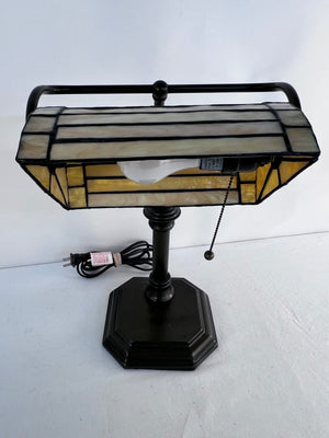 Tiffany Style Stained Glass Banker Desk Lamp Amber Slag Glass Bronze Base