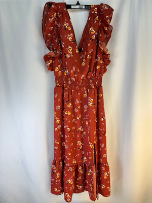 Express NWT Floral Smocked Waist Ruffle Tiered Midi Dress Brick Red Size XS