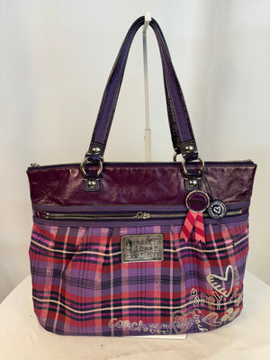 Coach Poppy Tartan Glamour Tote Purple Plaid Glitter Bag 15886 - READ DESC