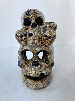 Vintage Ceramic Stacked Skull Candle Holder Drip Glaze Halloween Lantern Votive