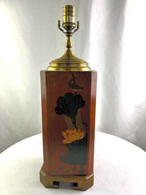 Vintage 1980s Wildwood Hand Painted Leather Clad Tea Caddy Style Lamp