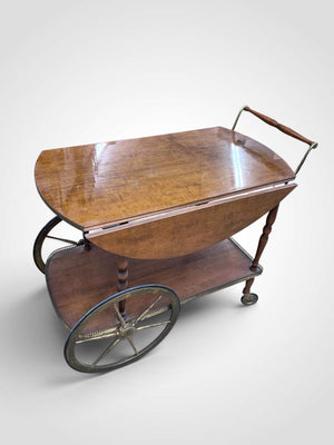 Vintage Italian Burl Wood Bar Cart Drop Leaf Serving Tea Trolley Large Wheels