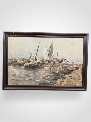 Vintage Framed Oil Painting Harbor Seascape Ships Pier Signed 27x39"