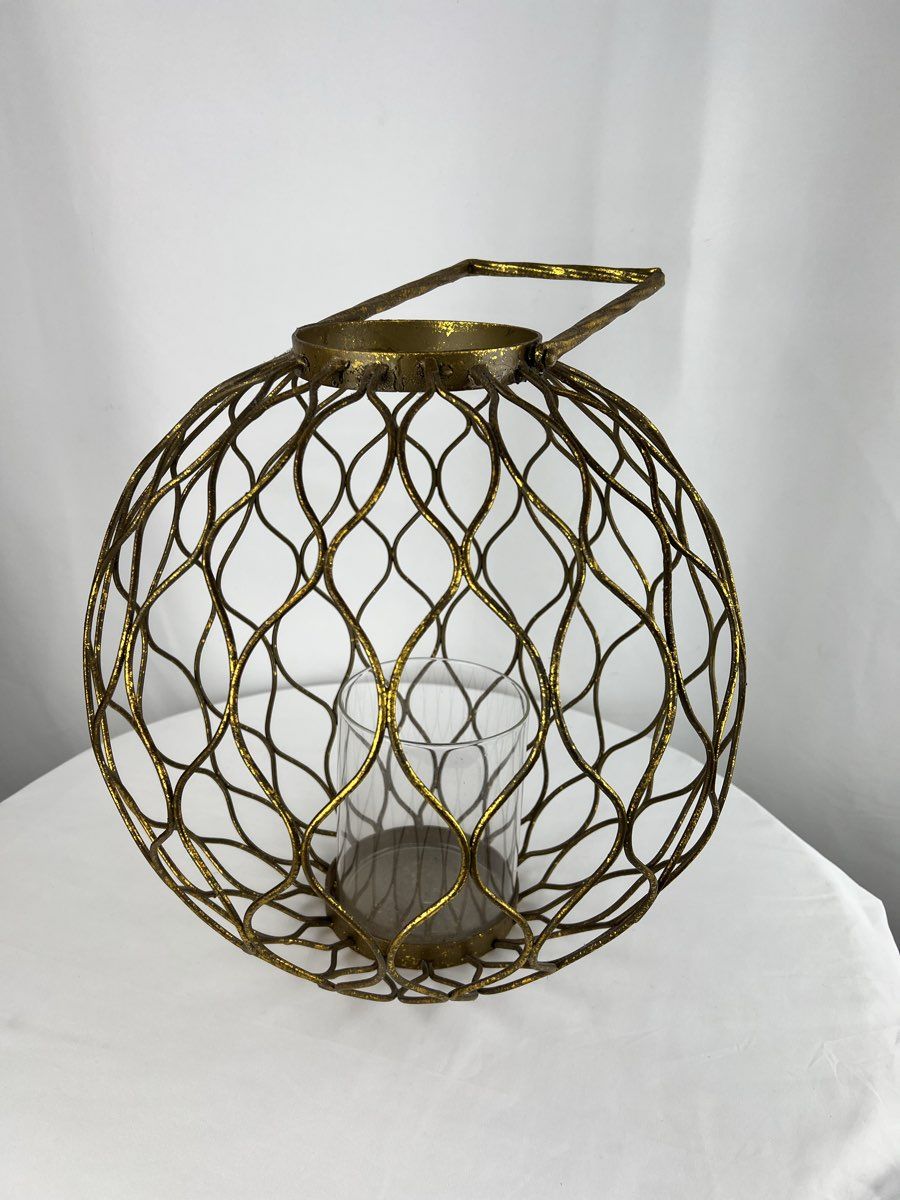 Gold Tone Gilded Glam Pendant Light Globe Candle Holder Lantern & Glass Cylinder