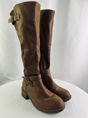C&M Brown Knee High Riding Boots Women's 10W Size Zip Buckle Accent Round Toe