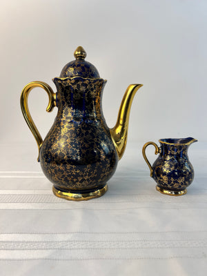 Vintage Echt Cobalt & Gold Demitasse Floral Design Lidded Coffee Pot & Creamer