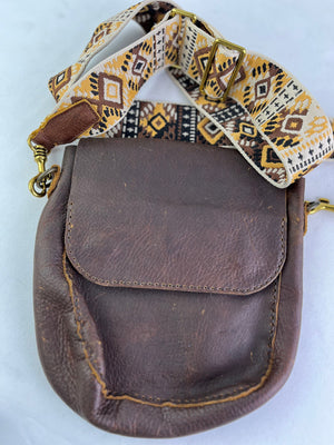 Artisanal Brown Leather Handmade Style Crossbody Handbag Geo Print Woven Strap
