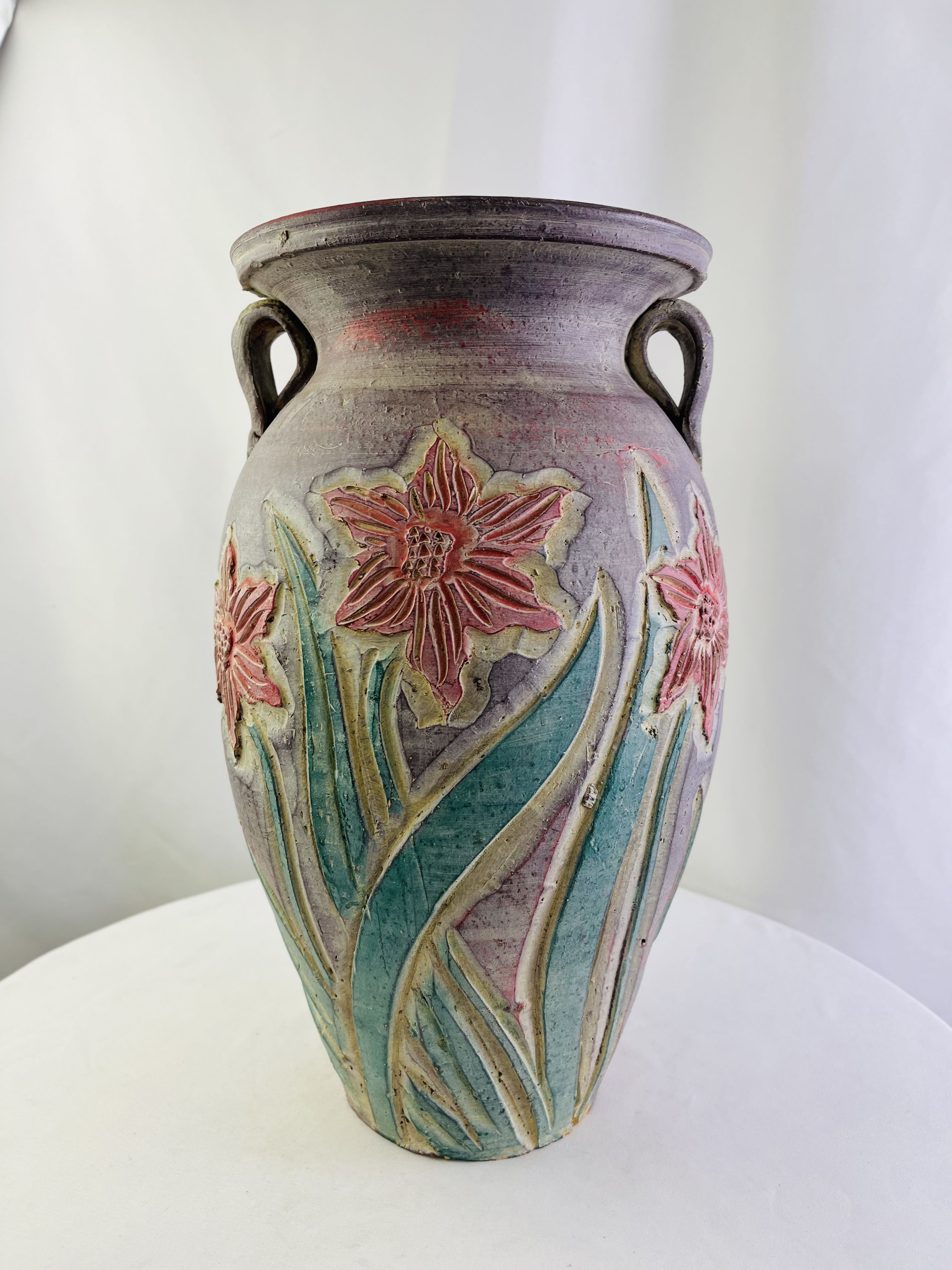 Large Double Handle Studio Art Carved Floral Pottery Clay Floor Vase 17.5" Heavy