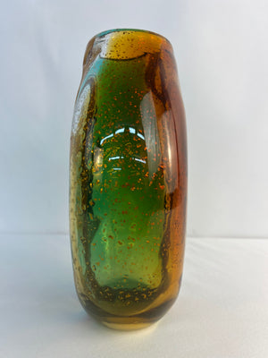 Emerald Flame/Amber Art Glass Vase Murano Style Bubbles Handblown 10.5"