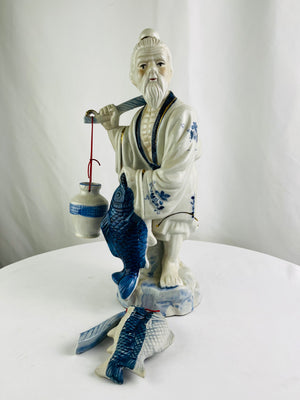 15" Vintage Shiwan Chinese Fisherman Figurine Statue Fish & Vase
