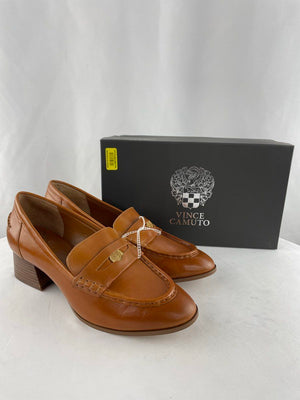 Vince Camuto Carissla Golden Walnut Leather Block Heeled Loafers Women's 10M NIB