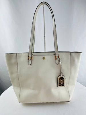 Lauren Ralph Lauren Large Ivory Saffiano Leather Double Handle Zip Top Tote