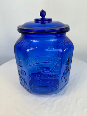 Vintage Planters Peanuts Cobalt Blue Glass Jar Pennant 5 Cent Octagon Lid CHIP